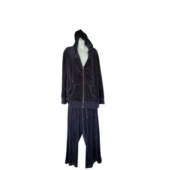 Merona Womens Track Suit 2pc Size 28W Black Velour Polyester Tie Pants Hood - Picture 7 of 16